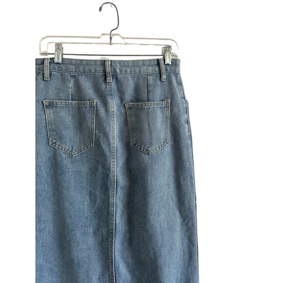 Micas Women's Large Light Blue Wash Slit Denim Pocket Cotton Blend Midi Skirt - Picture 7 of 12